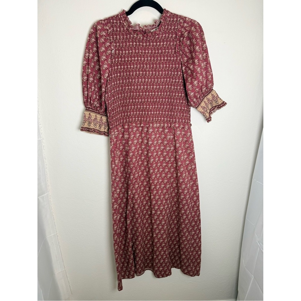 Sea NY Beaux Ruffled Shirred Floral Cotton Midi Dress Burgundy Size 8 - Picture 4 of 6